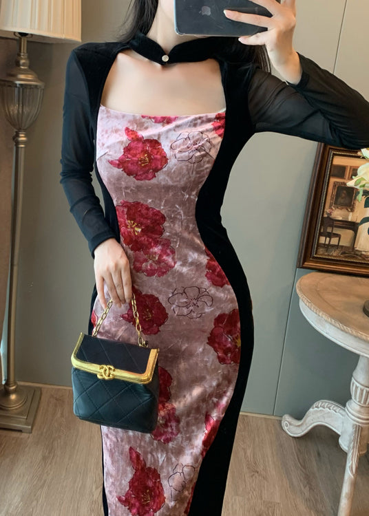 New Retro Pink Print Patchwork Silk Velvet Vacation Dresses Fall