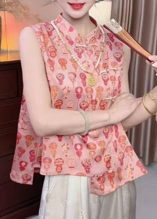 New Retro Red Print Chinese Button Silk Shirts Sleeveless