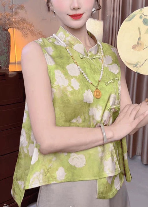 New Retro Red Print Chinese Button Silk Shirts Sleeveless