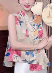 New Retro Red Print Chinese Button Silk Shirts Sleeveless