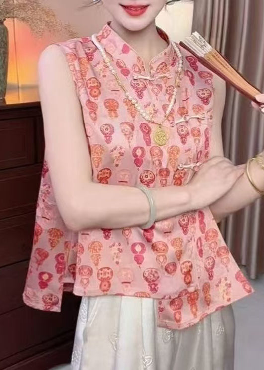 New Retro Red Print Chinese Button Silk Shirts Sleeveless