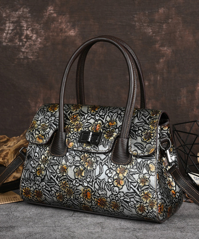 New Retro Silver Embossed Calf Leather Tote Handbag