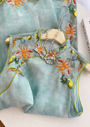 New Retro Sky Blue Embroidered Silk Oriental Dresses Sleeveless