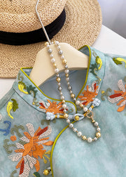 New Retro Sky Blue Embroidered Silk Oriental Dresses Sleeveless