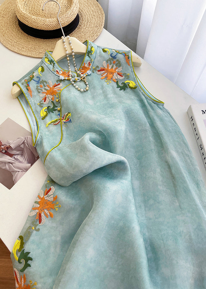 New Retro Sky Blue Embroidered Silk Oriental Dresses Sleeveless