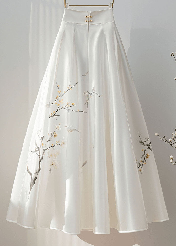 New Retro White High Waist Print Silk A Line Skirt Fall