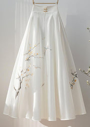 New Retro White High Waist Print Silk A Line Skirt Fall