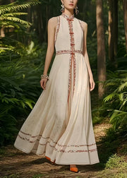 New Retro White Mandarin Collar Exra Large Hem Chiffon Oriental Dress Sleeveless