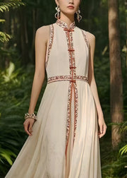 New Retro White Mandarin Collar Exra Large Hem Chiffon Oriental Dress Sleeveless