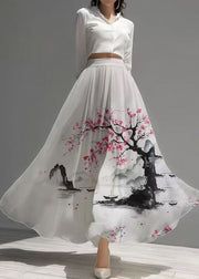 New Retro White Print Exra Large Hem Chiffon Skirts Summer