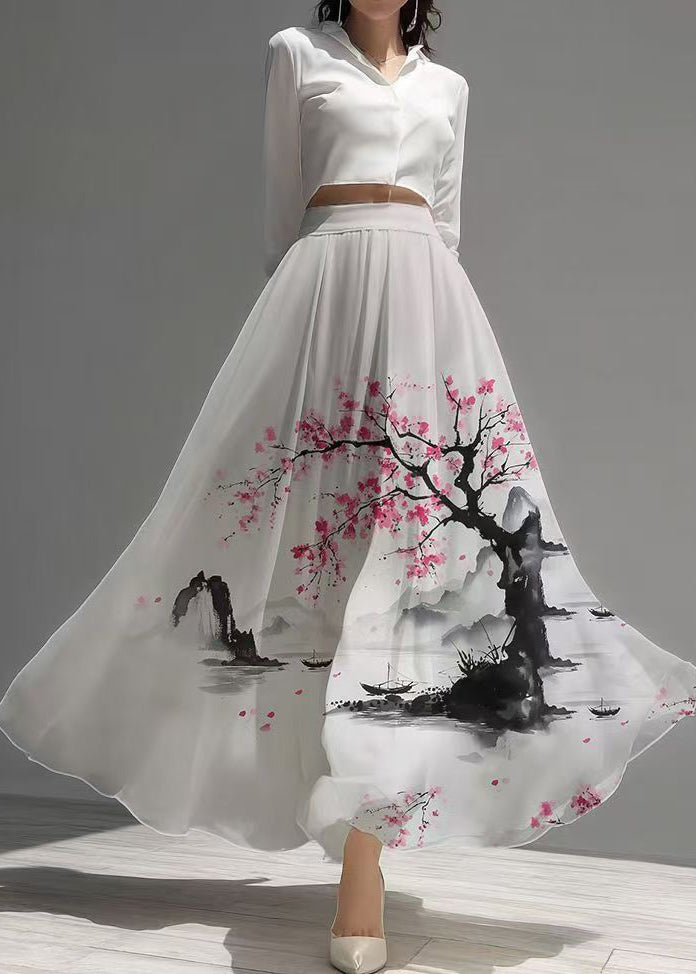 New Retro White Print Exra Large Hem Chiffon Skirts Summer