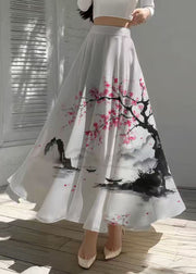 New Retro White Print Exra Large Hem Chiffon Skirts Summer