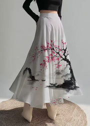 New Retro White Print Exra Large Hem Chiffon Skirts Summer