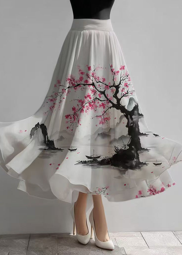 New Retro White Print Exra Large Hem Chiffon Skirts Summer