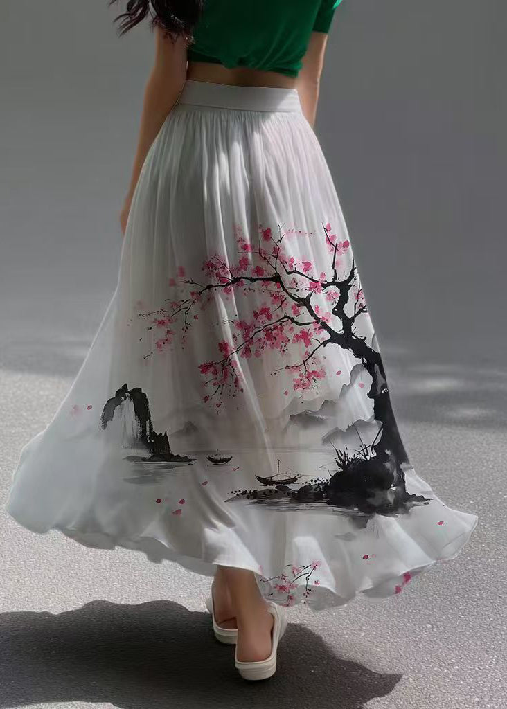 New Retro White Print Exra Large Hem Chiffon Skirts Summer