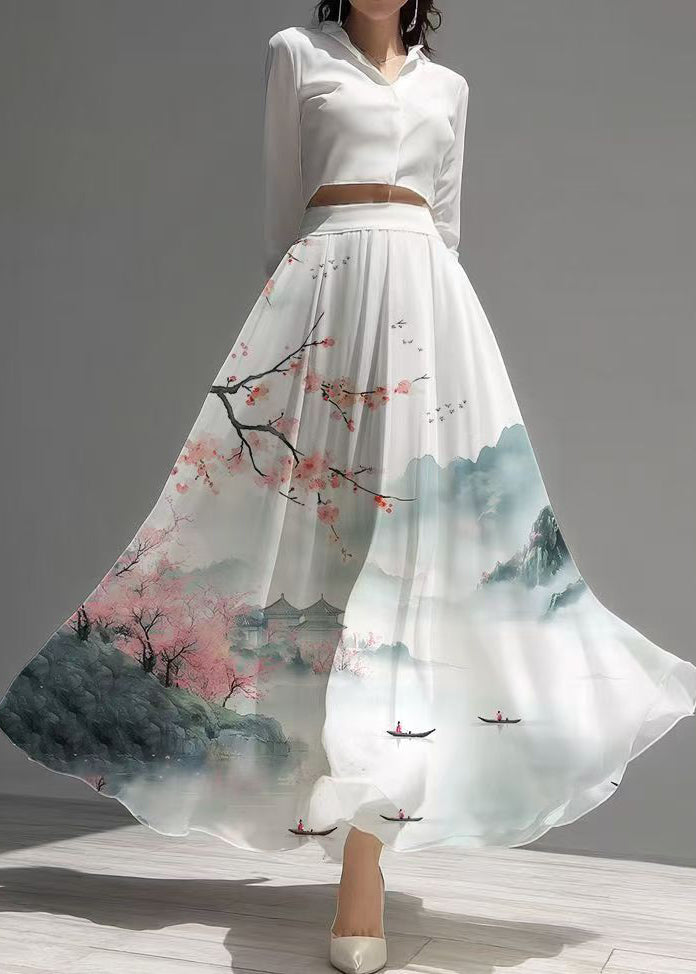 New Retro White Print Exra Large Hem Chiffon Vacation Skirts Summer
