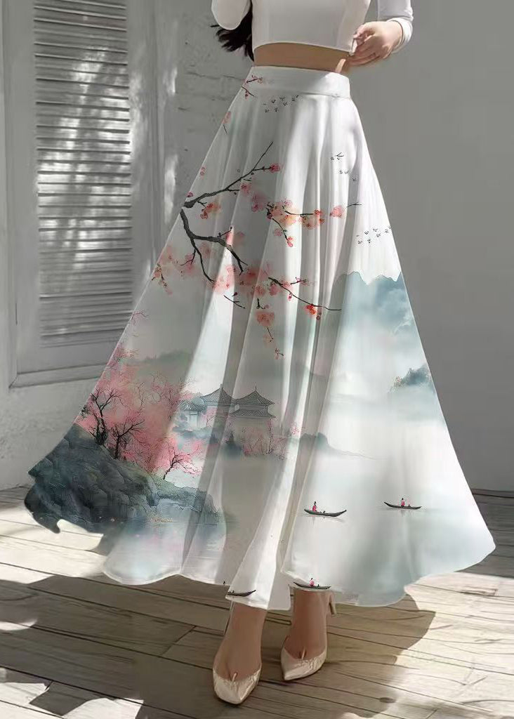 New Retro White Print Exra Large Hem Chiffon Vacation Skirts Summer