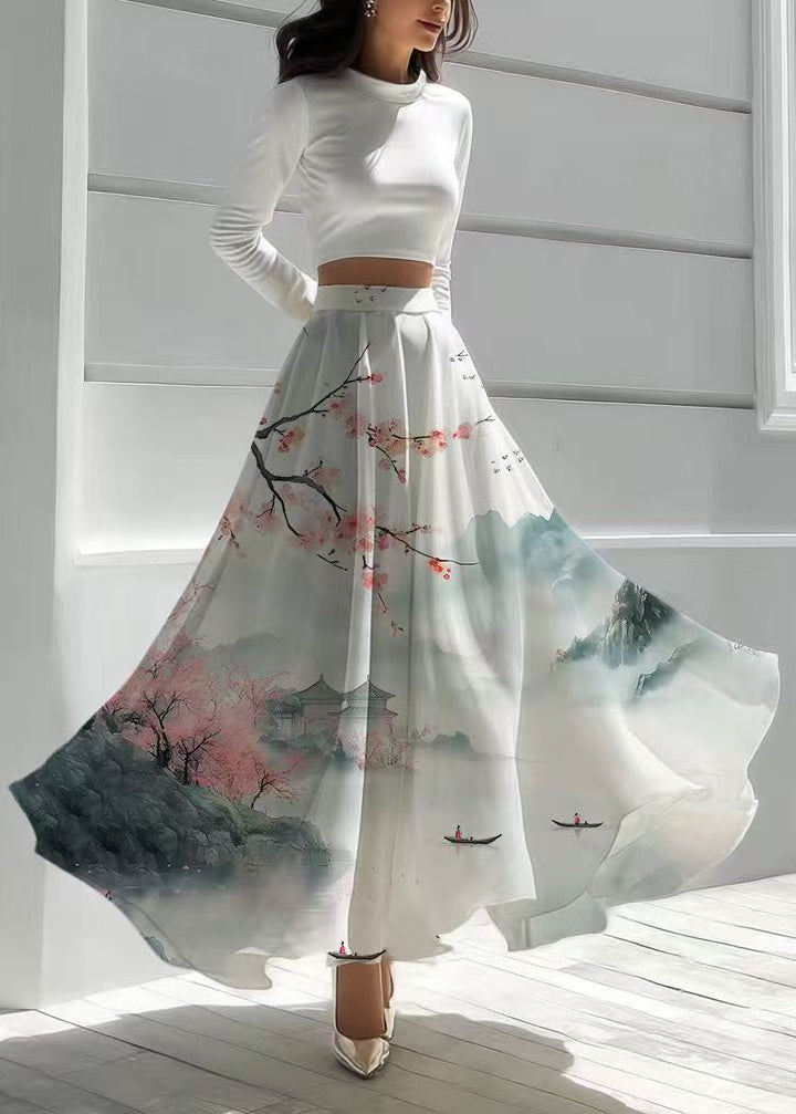 New Retro White Print Exra Large Hem Chiffon Vacation Skirts Summer
