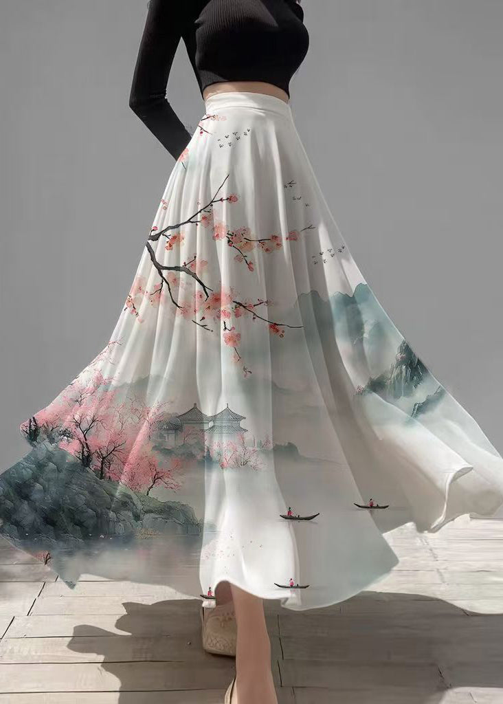 New Retro White Print Exra Large Hem Chiffon Vacation Skirts Summer