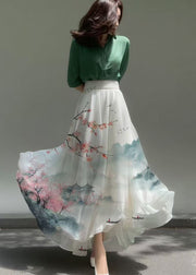 New Retro White Print Exra Large Hem Chiffon Vacation Skirts Summer