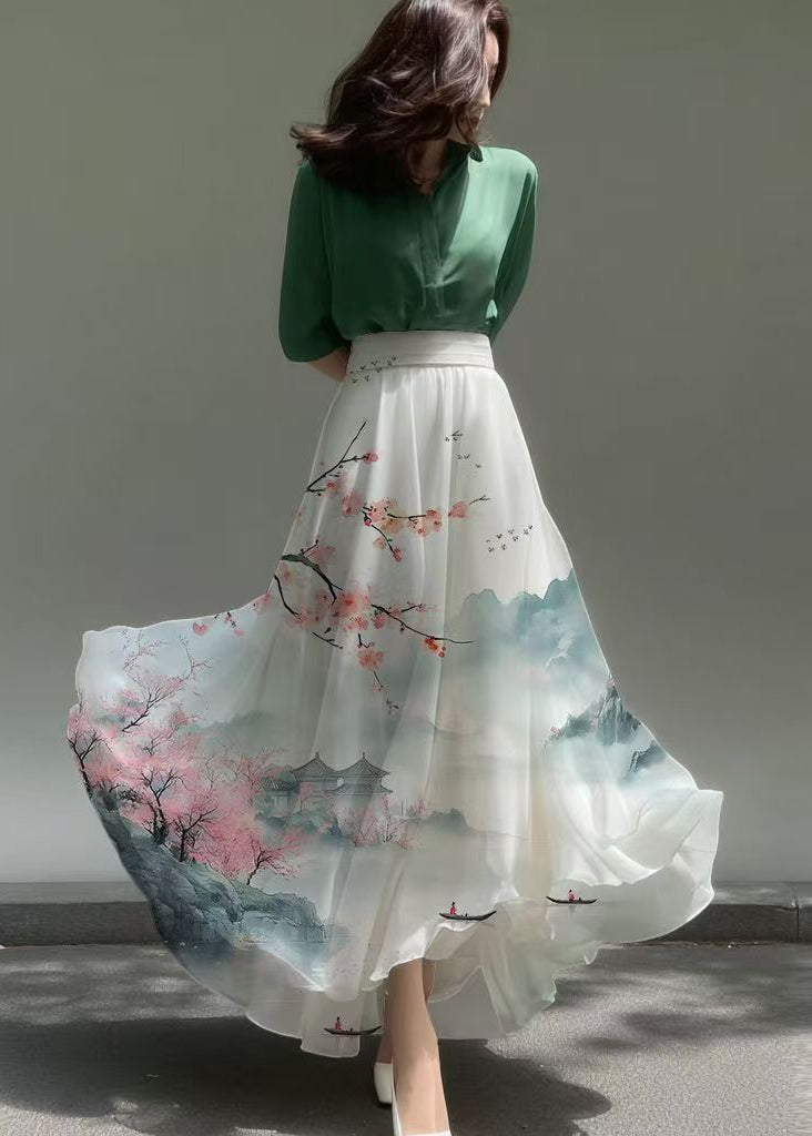 New Retro White Print Exra Large Hem Chiffon Vacation Skirts Summer