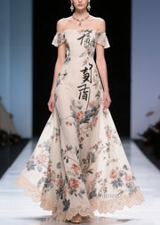 New Retro White Print Patchwork Lace Chiffon Strapless Dress Summer