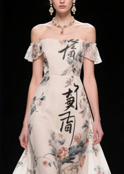 New Retro White Print Patchwork Lace Chiffon Strapless Dress Summer