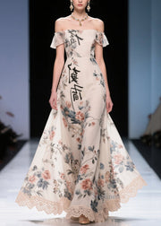 New Retro White Print Patchwork Lace Chiffon Strapless Dress Summer
