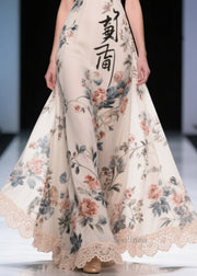 New Retro White Print Patchwork Lace Chiffon Strapless Dress Summer