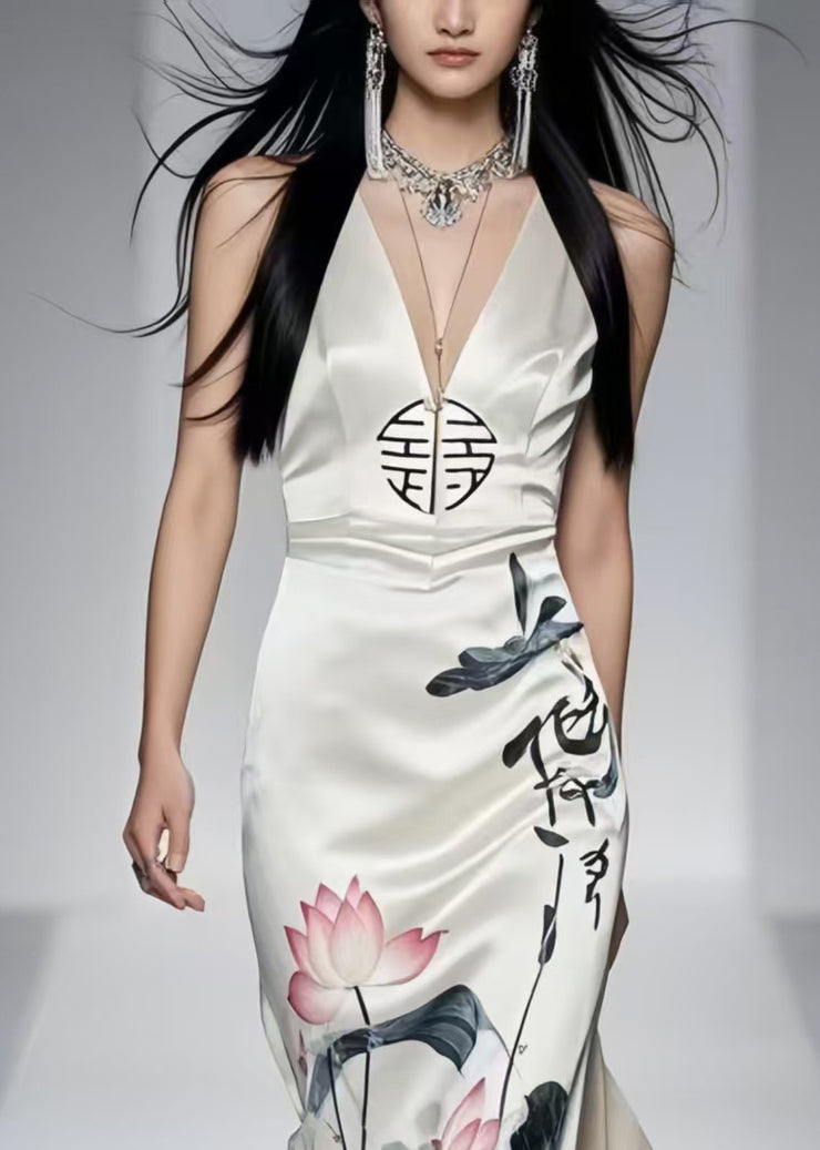 New Retro White Print Silm Fit Wraped Dress Sleeveless