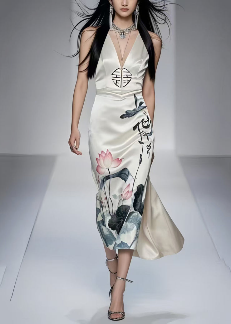 New Retro White Print Silm Fit Wraped Dress Sleeveless