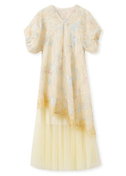 New Retro Yellow Embroidered Asymmetrical Tulle Oriental Dress Two Pieces Set Summer