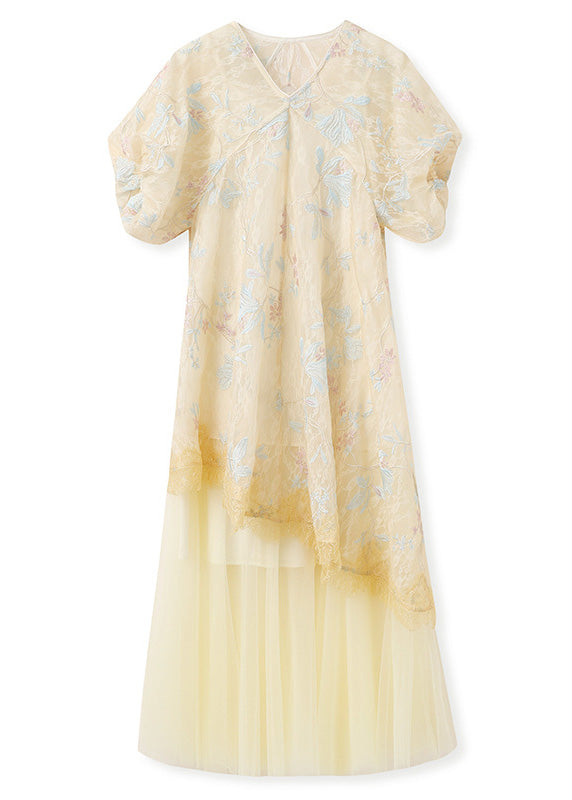 New Retro Yellow Embroidered Asymmetrical Tulle Oriental Dress Two Pieces Set Summer