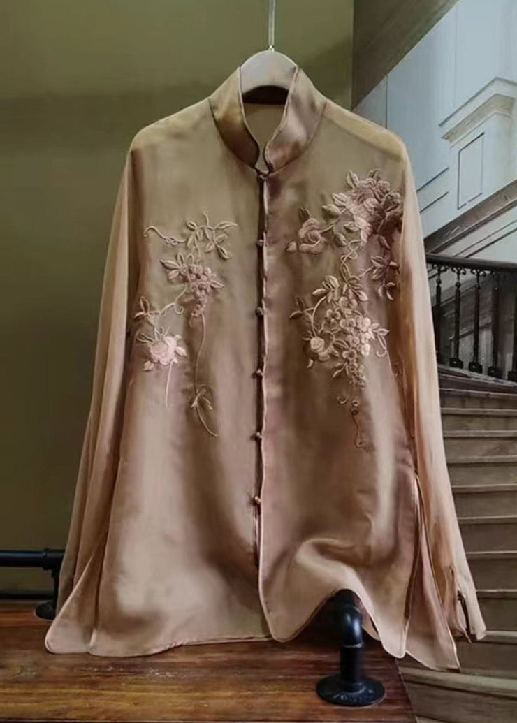 New Rose Embroidered Button Tulle Shirt Long Sleeve