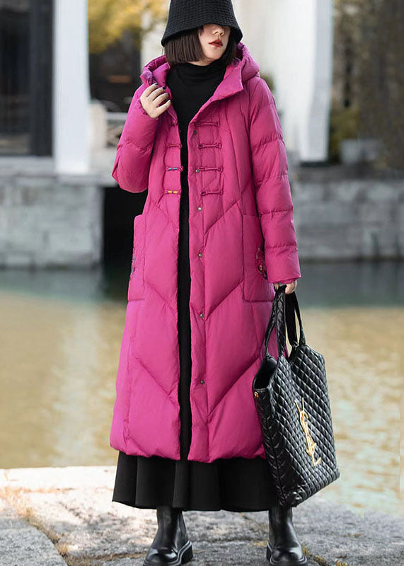 New Rose Hooded Button Pockets Duck Down Puffer Coat Winter