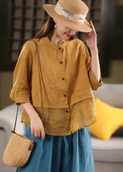 New Rose O Neck Button Patchwork Linen Blouses Summer