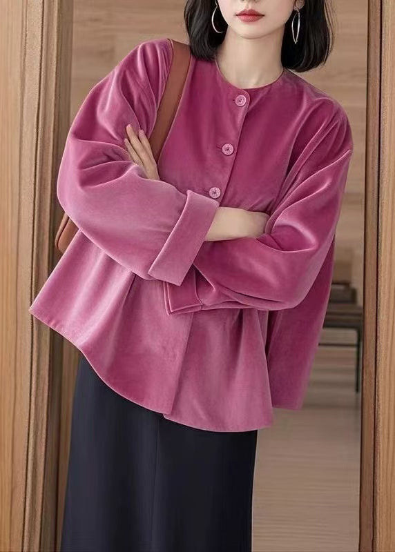 New Rose O Neck Button Silk Velour Shirts Fall