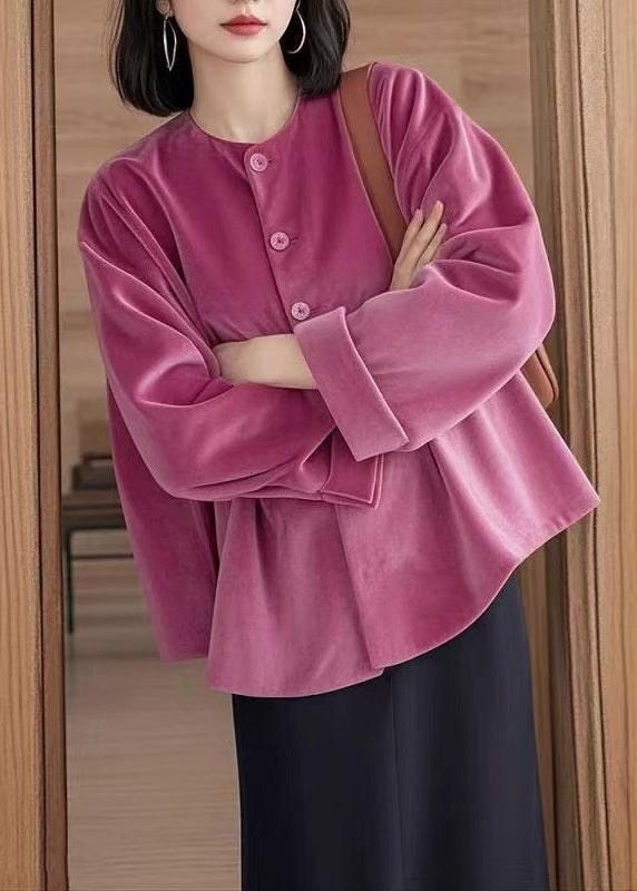 New Rose O Neck Button Silk Velour Shirts Fall