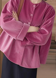 New Rose O Neck Button Silk Velour Shirts Fall