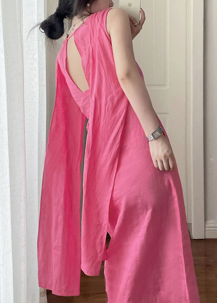 New Rose Pockets Lace Up Linen Dresses Sleeveless