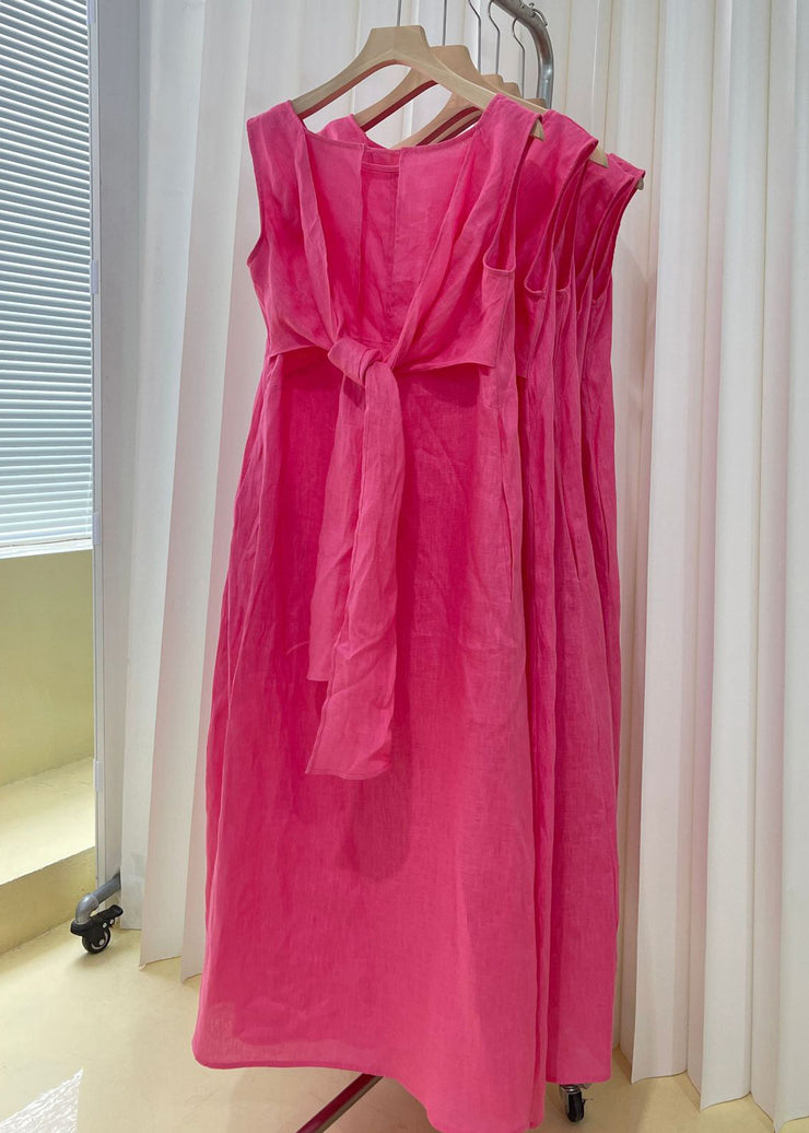 New Rose Pockets Lace Up Linen Dresses Sleeveless