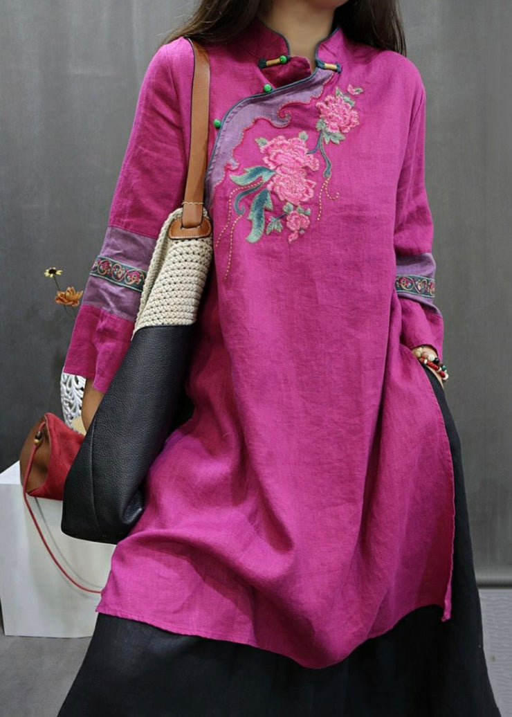 New Rose Stand Embroidered Button Collar Linen Blouses