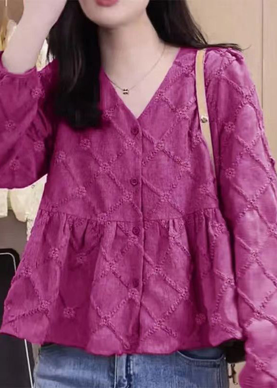 New Rose V Neck Button Patchwork Cotton Shirt Fall