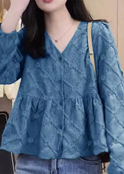 New Rose V Neck Button Patchwork Cotton Shirt Fall