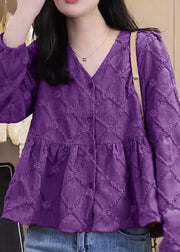 New Rose V Neck Button Patchwork Cotton Shirt Fall