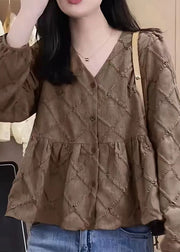 New Rose V Neck Button Patchwork Cotton Shirt Fall