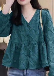 New Rose V Neck Button Patchwork Cotton Shirt Fall