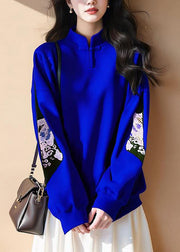 New Royal Blue Stand Collar Print Cotton T Shirt Fall