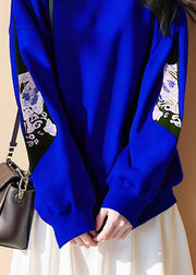 New Royal Blue Stand Collar Print Cotton T Shirt Fall