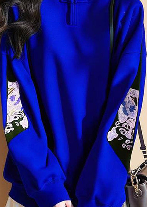 New Royal Blue Stand Collar Print Cotton T Shirt Fall